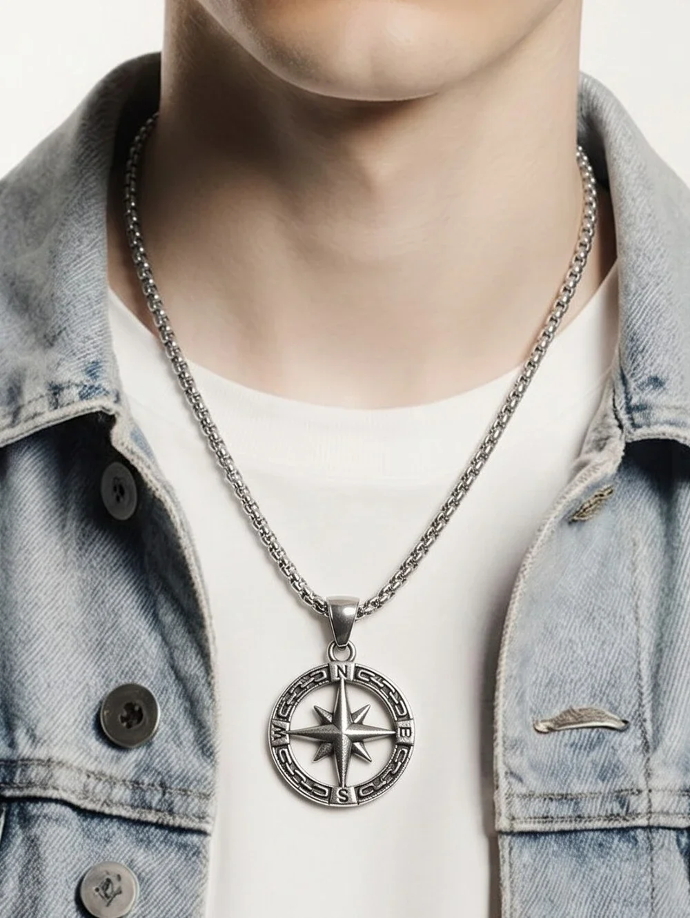 Compass Necklace 316L Stainless Steel 24” Men's Viking Norse Nautical Pendant
